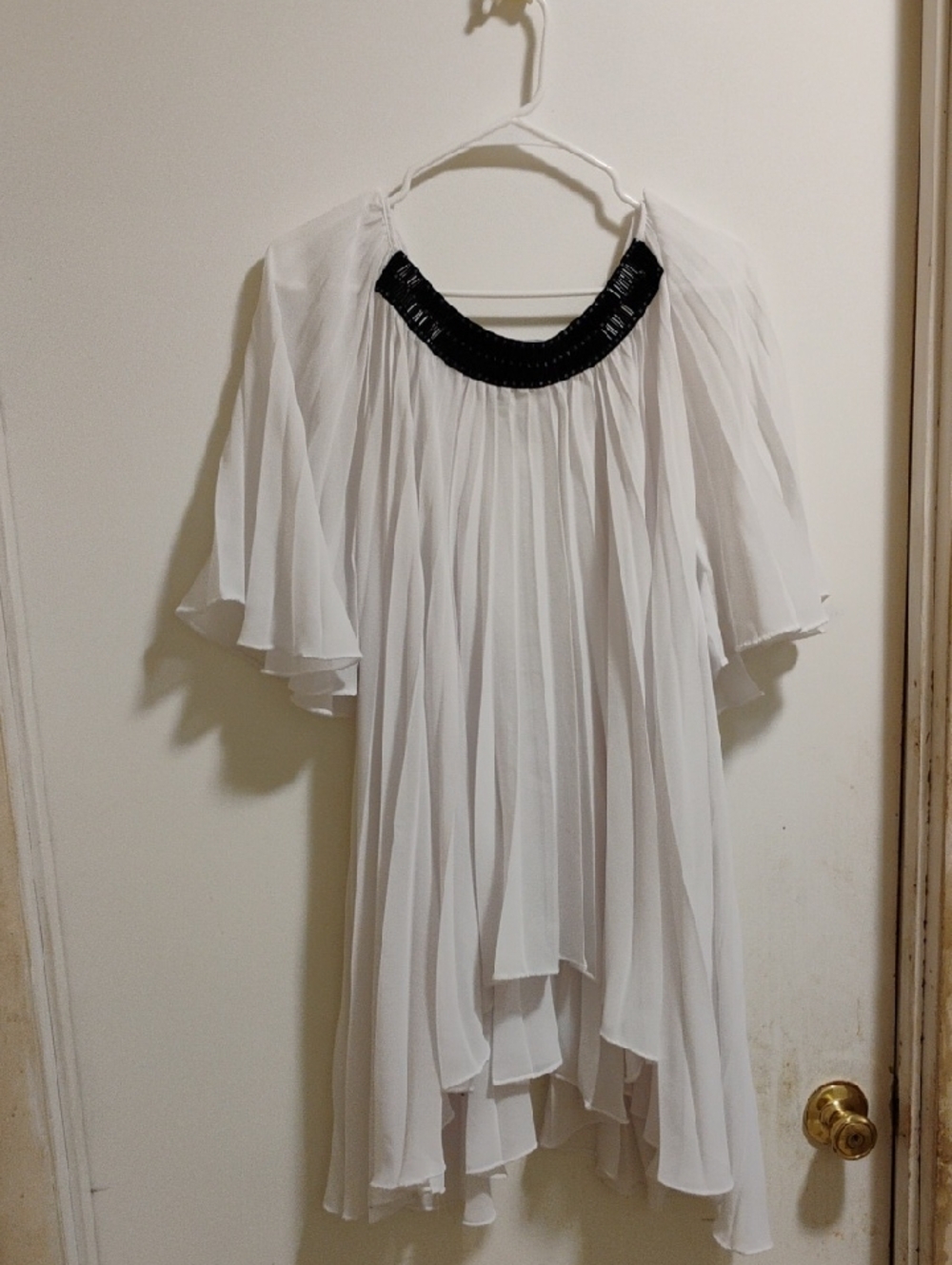 Ashro White Pleated Chiffon Blouse with Embellished Yoke